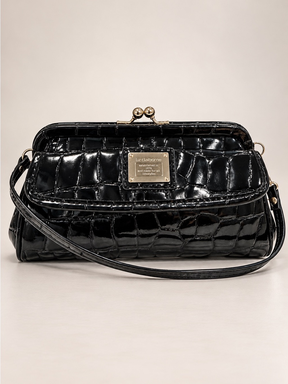 Liz Claiborne Black Patent Croc Frame Shoulder Bag Kisslock Clutch
